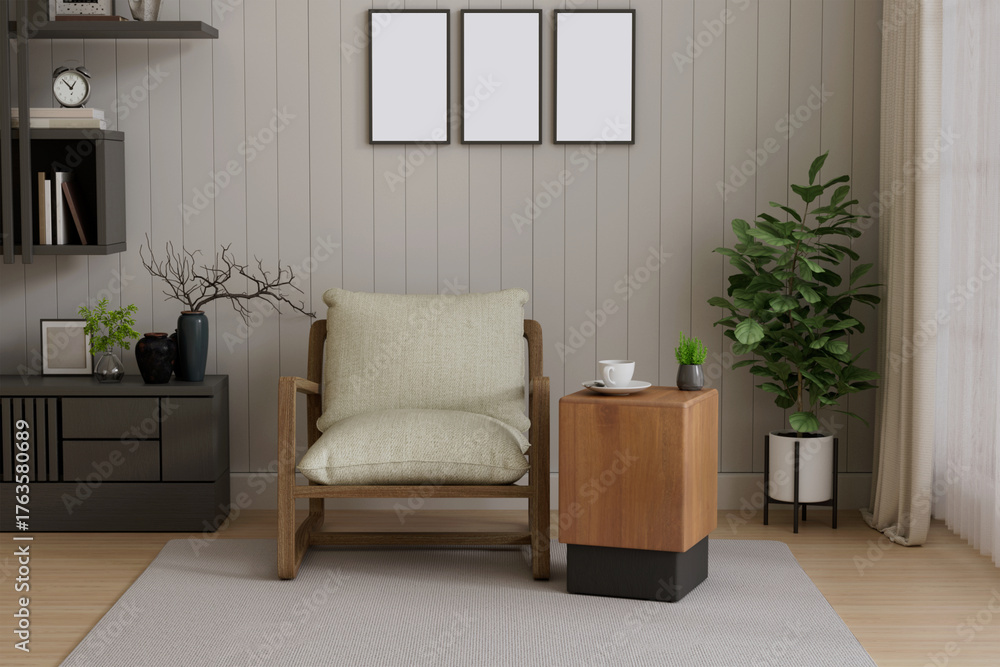 Fototapeta premium Cozy Minimalist Reading Corner with Wooden Chair and Side Table