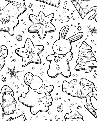 Adorable hand-drawn Christmas coloring pages featuring bunnies decorating trees, baking cookies, and celebrating winter joy — perfect for kids and adults