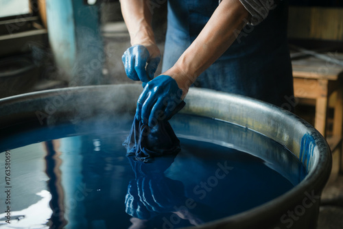 染め物職人が布を染め上げる伝統技