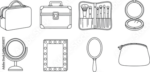 Line art illustration of makeup tools and accessories on white background