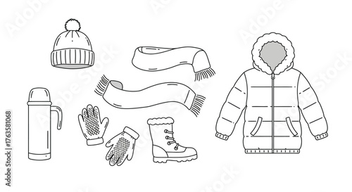 Winter clothing essentials in linear style with scarf, mittens, and jacket