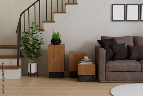 Minimalist Living Room Design with Wooden Tables and Indoor Plant