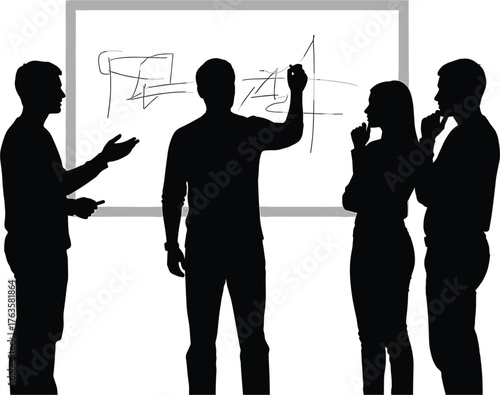 Silhouette group discussing at whiteboard people talking, silhouette, group, people, discussing, talking, whiteboard, board, drawing, writing, brainstorming, meeting, conference, collaboration, teamwo