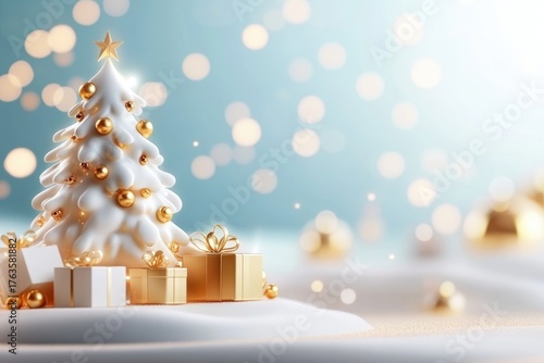 Elegant holiday scene with golden decor and christmas tree against soft bokeh lights