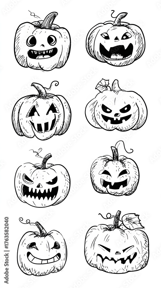 Obraz premium Halloween Pumpkin Doodle Set – Isolated on White Vector Mockup