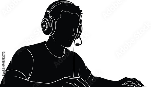 Silhouette of a gamer wearing headphones at a computer, gamer, silhouette, headphones, computer, gaming, technology, person, man, young, playing, esports, online, headset, microphone, keyboard, mouse,
