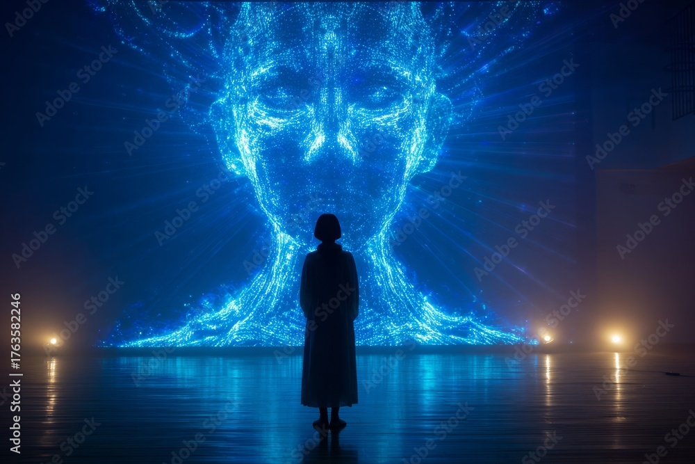 Fototapeta premium A woman stands before a large digital projection of a glowing blue face, illuminated screen filling the room, reflecting on shiny floor, creating a futuristic ambiance.
