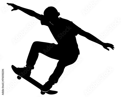 Silhouette of a skateboarder jumping, vector, dynamic pose isolated on white background