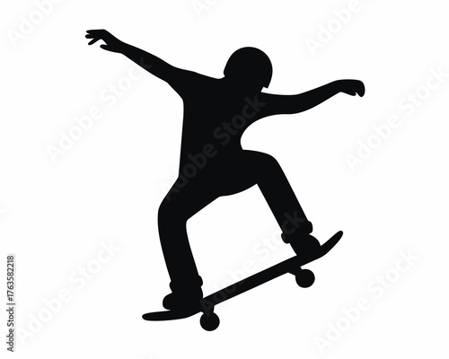 Silhouette of a skateboarder jumping, vector, dynamic pose isolated on white background