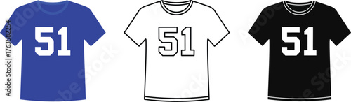 Three shirts with the number fifty one in black white and outline