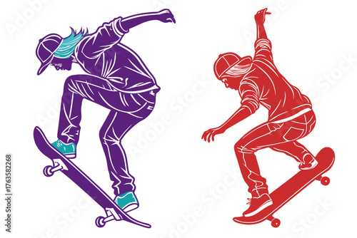 Silhouette of a skateboarder jumping, vector, dynamic pose isolated on white background