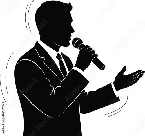 Silhouette speaker with microphone gesturing hand gesture, silhouette, speaker, microphone, hand, gesture, talking, speech, presentation, performance, event, conference, concert, singer, host, announc
