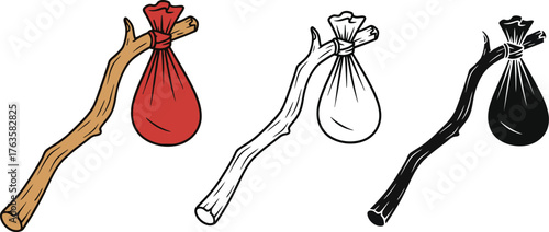 Hobo stick vector illustration with red bag and black outline