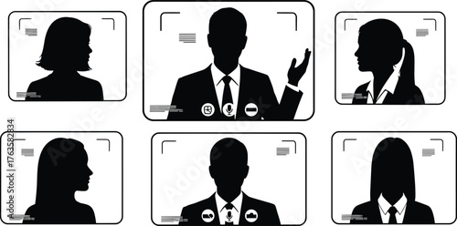 Video conference call interface with silhouette profiles, video conference, call, interface, online meeting, communication, technology, business, people, silhouettes, profiles, screens, icons, microph