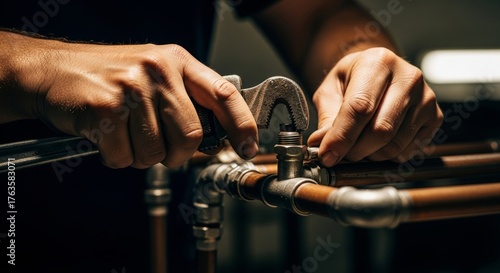 Wallpaper Mural A man is fixing a pipe with a wrench. Concept of determination and focus as the man works to repair the pipe Torontodigital.ca