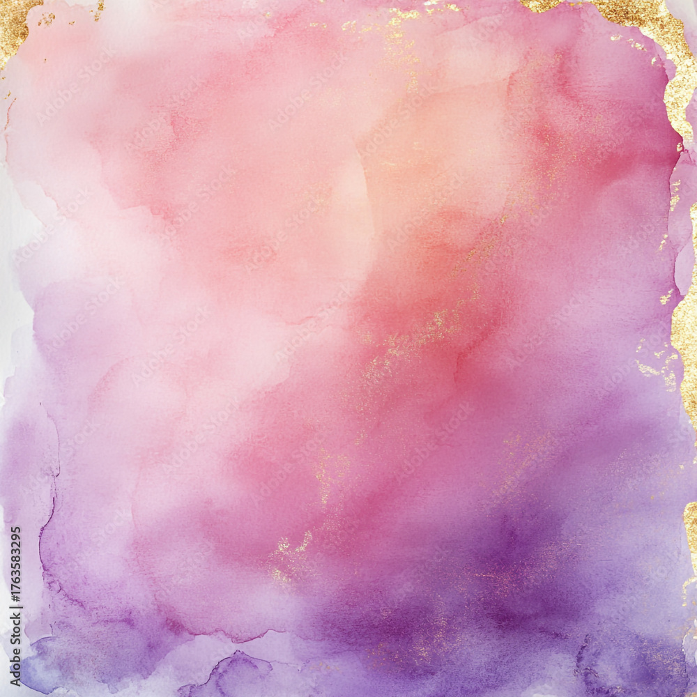 Obraz premium Glowing soft pink and violet watercolor wash with shimmering gold edges