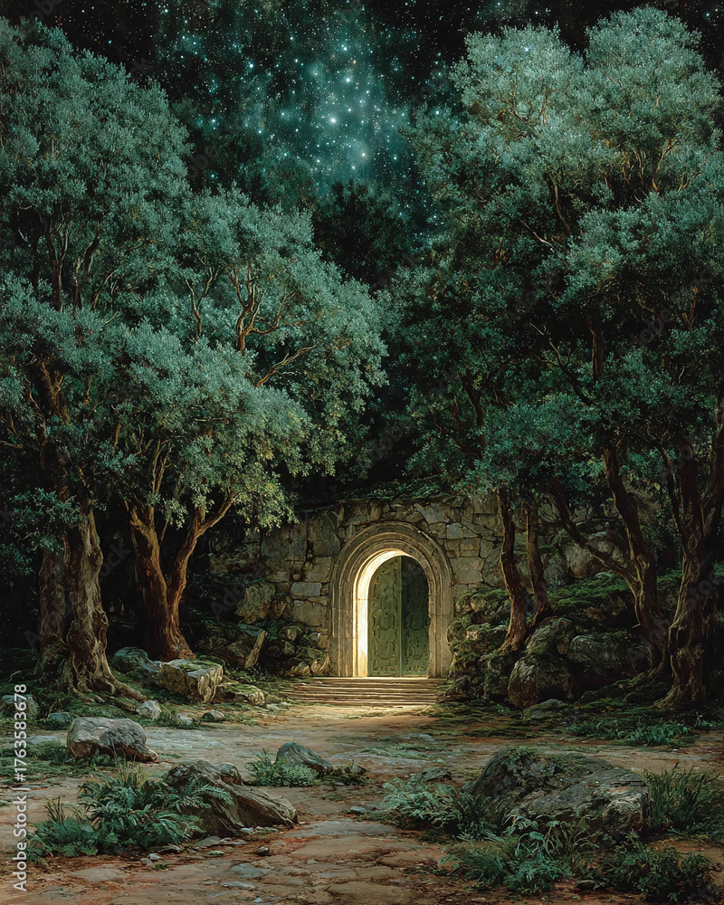 Obraz premium Enchanting portal bathed in soft light, nestled within a dense, moonlit forest, inviting passage to a hidden realm