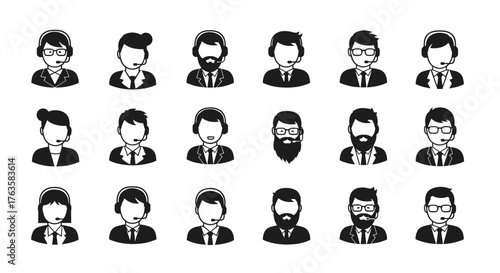 Collection of Diverse Customer Service Representative Icons with Headsets.