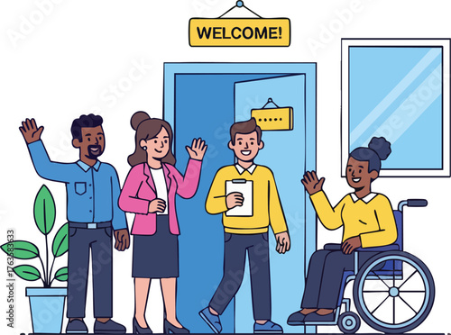 Diverse group welcomes newcomer at office entrance with warm greetings.