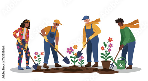 Diverse group of gardeners planting flowers in springtime