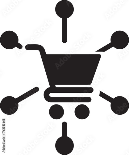 Modern e-commerce glyph with connected nodes around cart symbolizing online networked trade.
