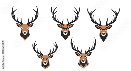 Collection of stylized deer head illustrations with impressive antlers.