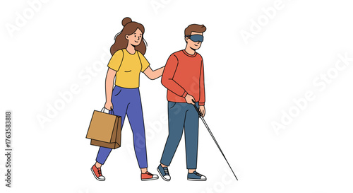 Friendly companionship: woman guiding visually impaired man with shopping bags