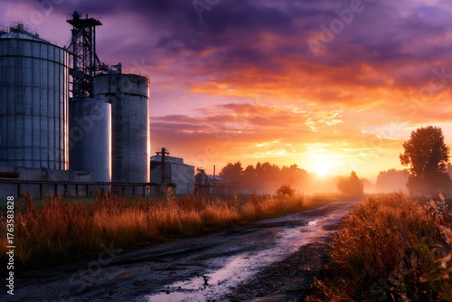 Industrial silos during dramatic sunrise creating atmospheric landscape