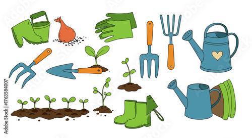 Gardening tools and seedlings in cartoon style for spring planting inspiration