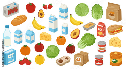 Colorful array of fresh food and groceries in isometric design