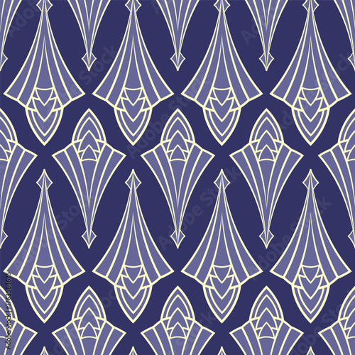 Art Deco brown, blue and yellow seamless pattern. Geometric decorative texture. Vector vintage background.