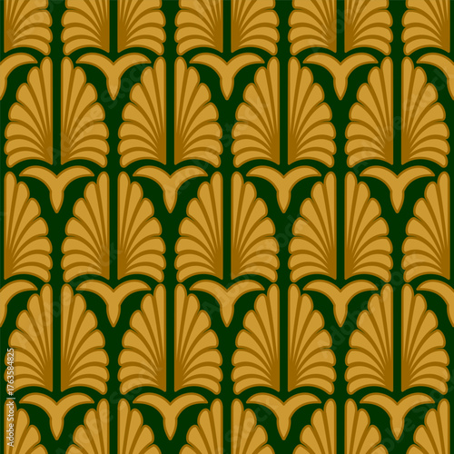 Art Deco style green and yellow seamless pattern. Geometric decorative texture with floral elements. Vector vintage background.