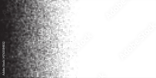 Binary halftone texture background. Square dot faded gradation wallpaper. Black and white squared pixels. Abstract glitchy 8 bit video game backdrop. Vector comic bitmap dither screen tone overlay
