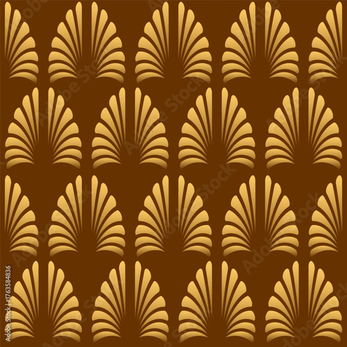 Art Deco style brown and yellow seamless pattern. Geometric decorative texture with floral elements. Vector vintage background.