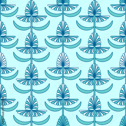 Art Deco style floral seamless pattern. Geometric decorative texture with white and blue flowers on light blue background. Vector vintage illustration.