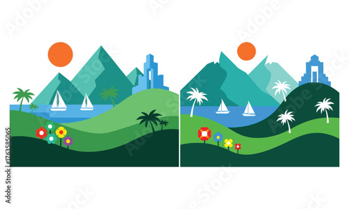 Charming tropical island scenery with mountains ocean and sailing boats fun outdoor activities