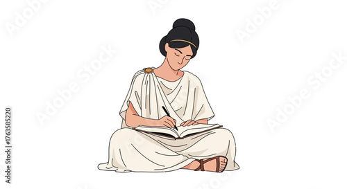 Serene Woman Writing in Journal: Minimalist Vector Art for Education, Literature & Meditation