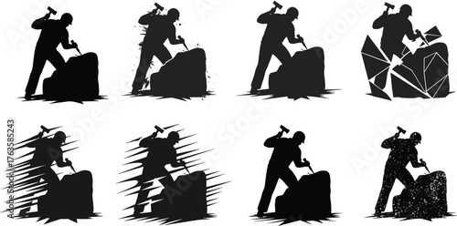 Silhouette vector illustration of worker chiseling rock into sculpture with hammer, transformation, creativity, craftsmanship, progress, self‑improvement, labor, and industry