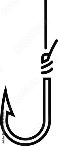 Simple black and white fishing hook tied to line icon vector illustration for angling and outdoor sport graphics