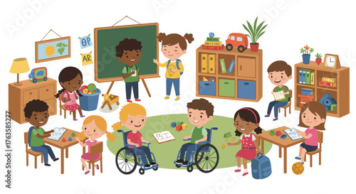 Diverse classroom learning environment with children playing and engaged in a…
