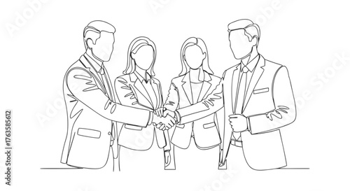 A successful business team celebrates a partnership agreement with a group handshake drawn in one single continuous line