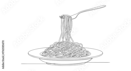 One continuous line illustration of spaghetti on a plate with a fork, a.eps style