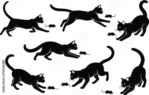 Black cat and mouse silhouette set, stalking, chasing, playful poses, predator prey interaction, vector illustration, dynamic, elegant, minimal