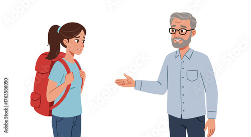 Animated conversation between hostel traveler and friendly local with backpack