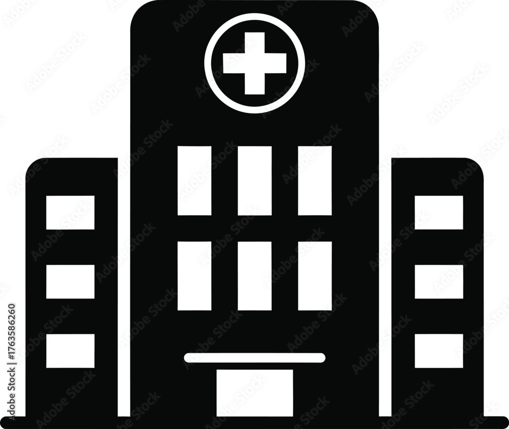 Obraz premium Black Hospital Building Icon with Medical Cross Symbol Vector Illustration