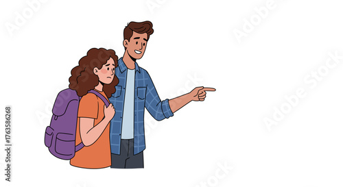 Young couple on adventure: cartoon style with backpack and exploration theme