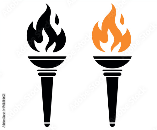 Torch with burning flame vector illustration — black and orange fire symbol representing energy, victory, passion, and sports logo design concept.