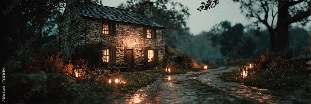 Fototapeta premium Mysterious dimly lit stone cottage with lanterns along a path in a forest at twilight