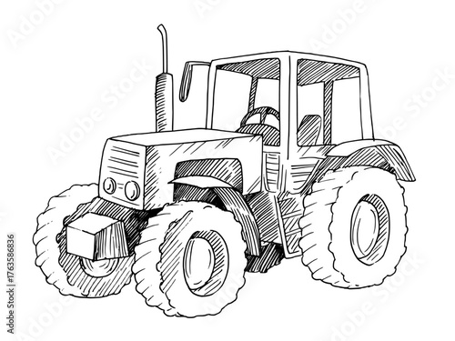 Tractor. Vector ink styled handmade illustration. For packaging design, cards, cover, prints, product labels and fabric.