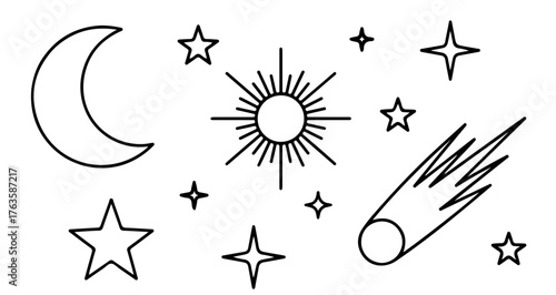 Celestial bodies featuring moon, stars, sun and comet in a cosmic arrangement